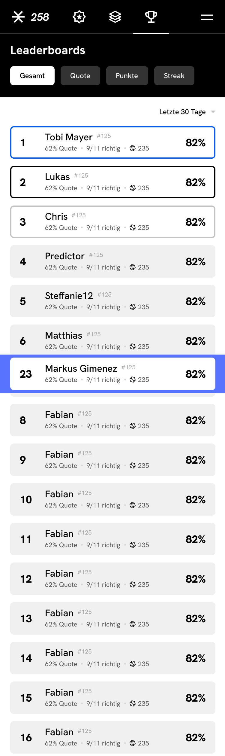 Polarity App — Leaderboard Rangliste