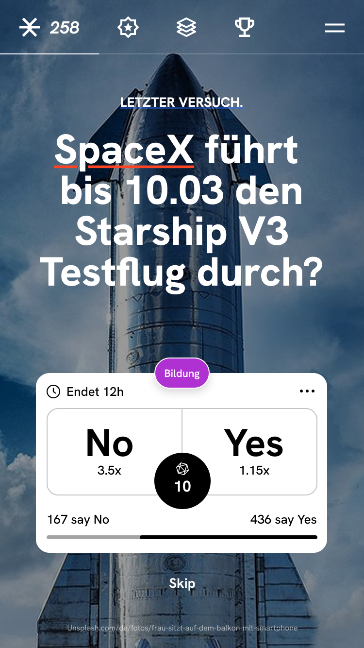 Polarity App — Prediction Card mit SpaceX-Frage